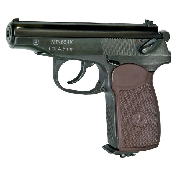 Пневматический пистолет MP 654k с рукоятью коричневого цвета
